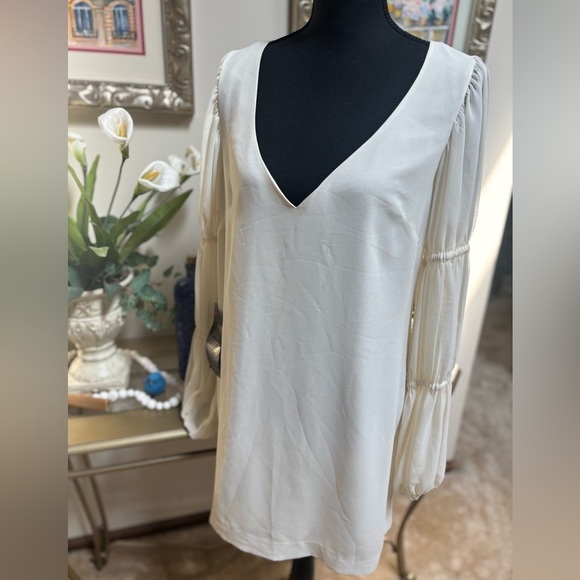 BeBe PLUNGING OFF WHITE V-NECK MINI SHIFT DRESS SHEER SLEEVES FORMAL NWT SZ M - Picture 7 of 14
